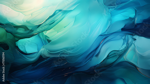Blue and green smooth marbled surface digital art background with chaotic line designs