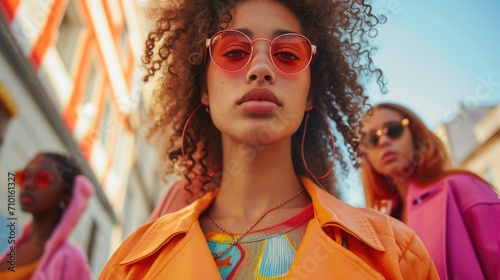 Street-style photography with models wearing outfits in Apricot Crush trendy color, urban background, showcasing vibrancy and mood-boosting effects