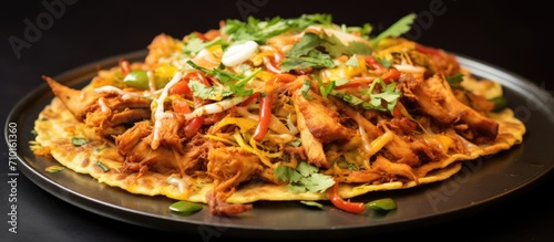 South Indian street food made with layered bread pieces, meat, egg, and vegetables, commonly known as Chicken Kothu Parotta or Curried Shredded Indian flatbread. photo