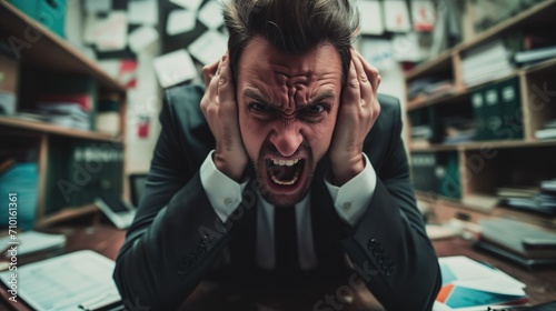Stressed businessman yelling and clasps head in alarm amidst a chaotic office, papers flying and shelves overflowing photo
