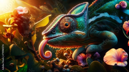 Chameleon amidst colorful mushrooms under moonlit magical forest © Diego