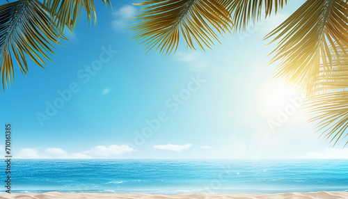 Top view of tropical leaf shadow on water surface. Shadow of palm leaves on white sand beach. Beautiful abstract background concept banner for summer © bahija