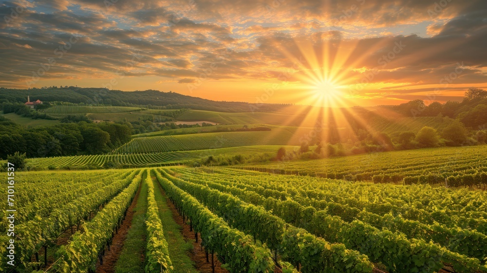 Charming vineyard bathed in the warm and golden glow of the setting sun, capturing the serene beauty of nature.
