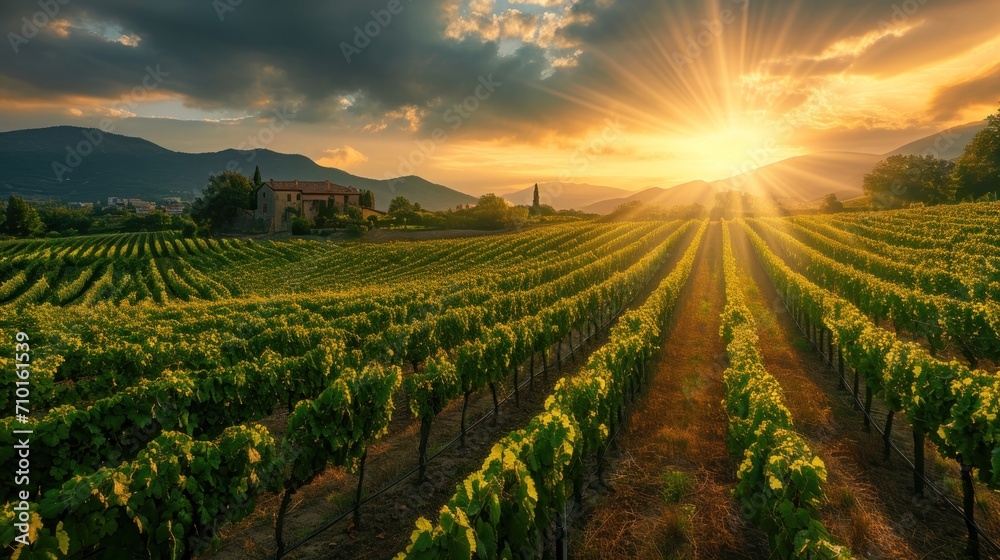 Charming vineyard bathed in the warm and golden glow of the setting sun, capturing the serene beauty of nature.
