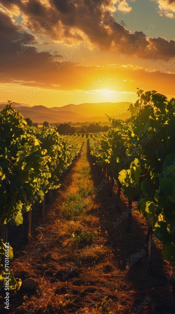 Naklejka premium Charming vineyard bathed in the warm and golden glow of the setting sun, capturing the serene beauty of nature.