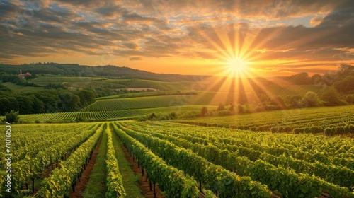 Charming vineyard bathed in the warm and golden glow of the setting sun  capturing the serene beauty of nature.