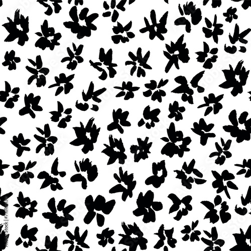 Hand Painted Tiny Black Flowers. Decorative seamless pattern. Repeating background. Tileable wallpaper print.