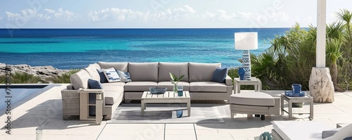 a set of comfortable furniture near a quiet beach