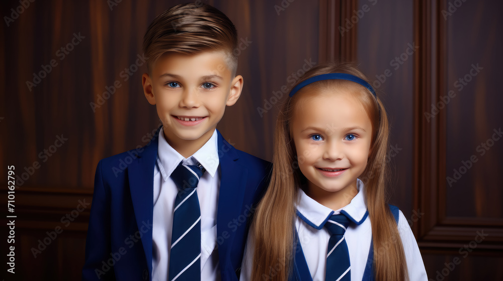 beautiful girl and boy in school uniform against the background of a classroom, education, learning, child, kid, schoolgirl, student, pupil, smart person, portrait, face, knowledge, children, smiling beautiful girl and boy in school uniform against the background of a classroom, education, learning, child, kid, schoolgirl, student, pupil, smart person, portrait, face, knowledge, children, smiling