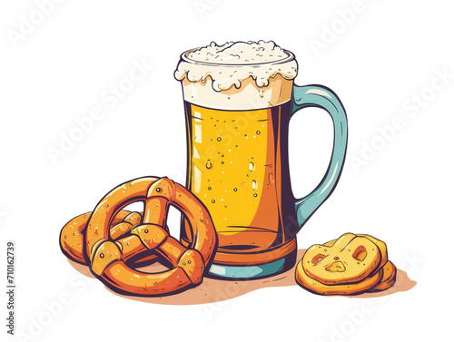 Illustration of a full beer mug with overflowing foam, accompanied by twisted pretzels on a transparent background.