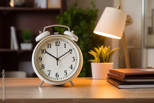 alarm clock on wooden table in living room with book and lamp 