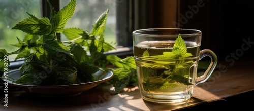 Nettle tea brewed at home in a glass cup by the window.