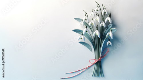 Banner delicate bouquet of paper snowdrops tied with a red and white Martisor string against a soft blue background with copy space for text. Greeting card for Martisor.