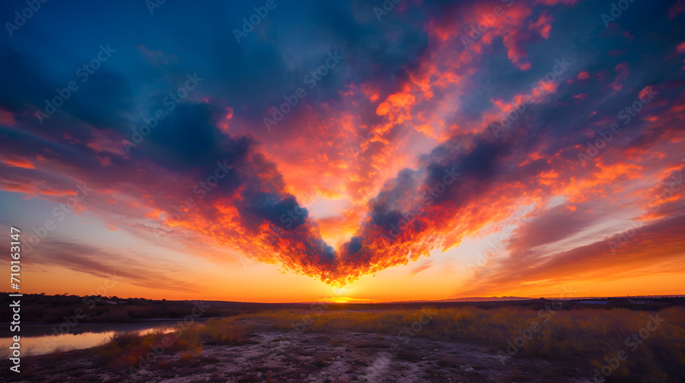 Dramatic Sunset Skies - Nature's Canvas Unfolds. A breathtaking sunset with radiant clouds stretching across the horizon, captured over a serene landscape, perfect for inspirational content 