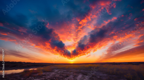 Dramatic Sunset Skies - Nature's Canvas Unfolds. A breathtaking sunset with radiant clouds stretching across the horizon, captured over a serene landscape, perfect for inspirational content 