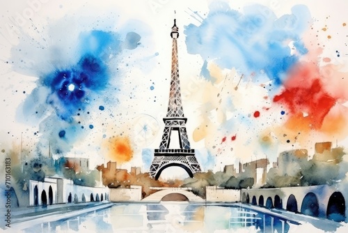 Fictional concept of a sports event in france painted in watercolor. © Nicole