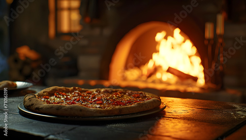 pizza in front of a fireplace in a country house