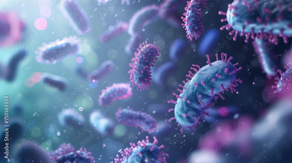 Microscopic view of bacteria with pink appendages on a blue backdrop Microscopic view of bacteria with pink appendages on a blue backdrop