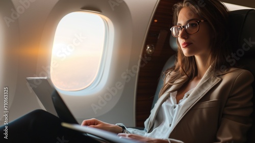 Stylish woman working on laptop on a private jet