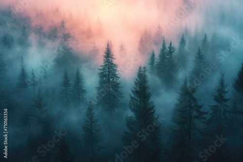 Aerial view of a forest under a pastel sunset, soft and ethereal lighting, blending of cool and warm tones