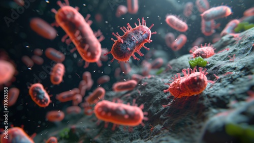 Red bacteria on a rocky surface with green spores in a microscopic view