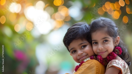 Siblings hugging in festive attire with bokeh lights photo