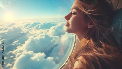 Woman enjoying the view from an airplane window