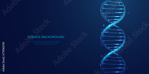 DNA background. Glowing blue double helix. Genetic code in futuristic polygonal style. Medical science concept. Abstract technology background, biology metaphor. Genome and cell. Vector illustration.
