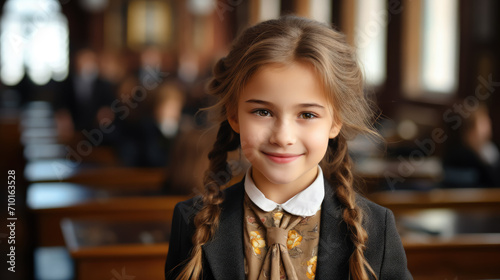 small beautiful girl in a school uniform against the background of a classroom, education, learning, child, kid, schoolgirl, student, pupil, smart person, portrait, face, knowledge, children, smiling