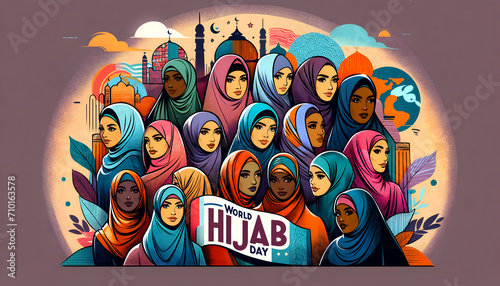 Illustration for World Hijab Day. February 1st is World Veil Day, also known as World Hijab Day
