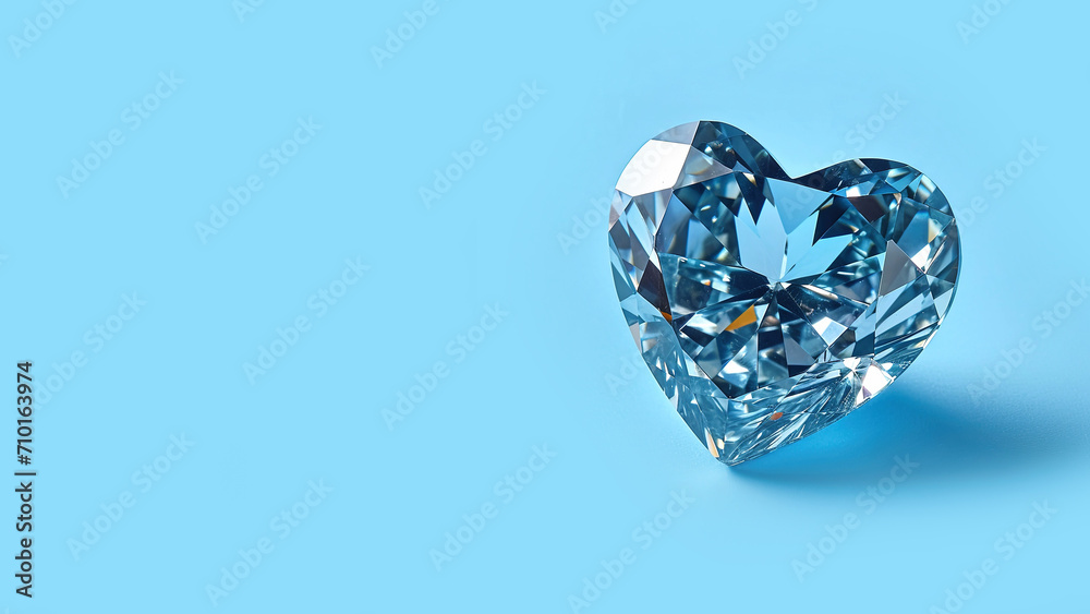 Fototapeta premium Template for Valentine's Day. Jewelry heart with space for text. Aquamarine on blue background .3D illustration Blue diamond heart. Valentine's Day concept.