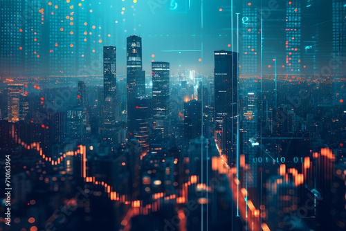 Double exposure of business chart and cityscape background. Financial and stock market concept