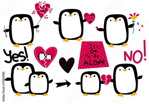 Anti valentines hearts singles day and penguin set for wrapping paper and stickers and party accessories photo
