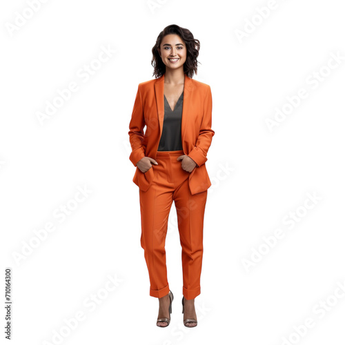 Woman in Orange Suit and Heels