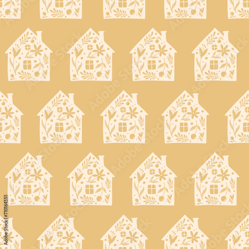 Hand drawn funny doodle cartoon stylized houses flowers Decorative silhouette house seamless pattern