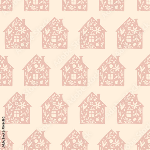 Hand drawn funny doodle cartoon stylized houses flowers Decorative silhouette house seamless pattern