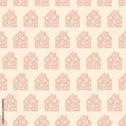 Hand drawn funny doodle cartoon stylized houses flowers Decorative silhouette house seamless pattern