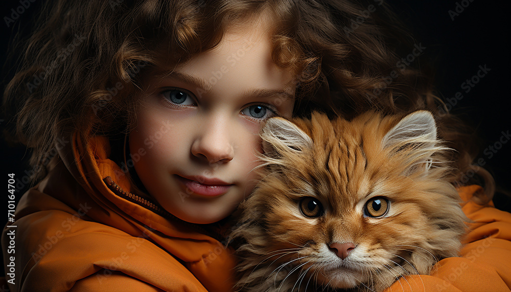 Cute small animal, child embracing playful kitten generated by AI