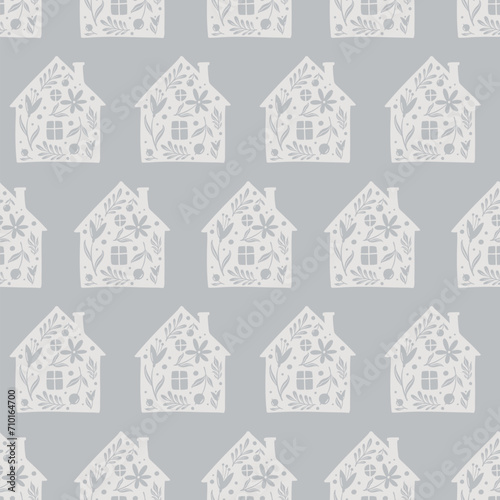 Hand drawn funny doodle cartoon stylized houses flowers Decorative silhouette house seamless pattern