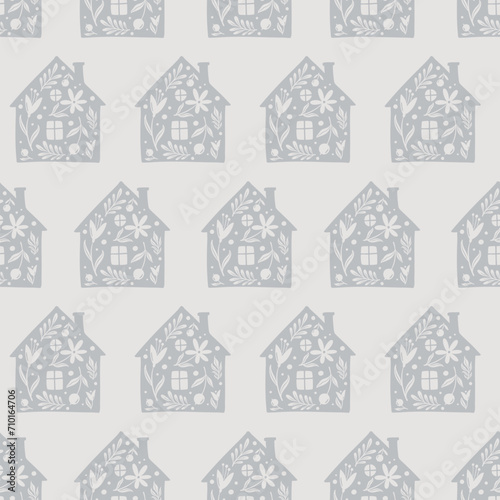 Hand drawn funny doodle cartoon stylized houses flowers Decorative silhouette house seamless pattern