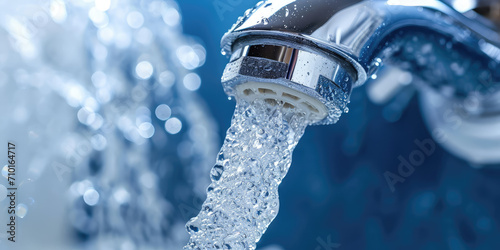 Close-up of Water Flowing from Chrome Faucet. Crystal clear water streaming from a modern tap with mousseur, copy space.