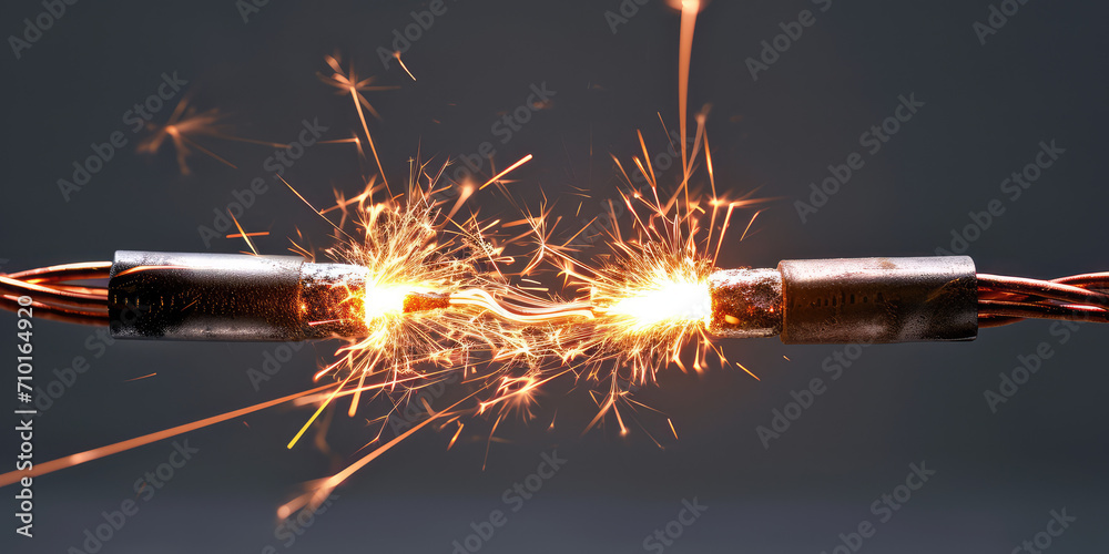 Electric Spark Between Two Bare Wires. A captivating close-up of electric spark igniting between twisted bare copper wires on a simple grey background with copy space. - obrazy, fototapety, plakaty 