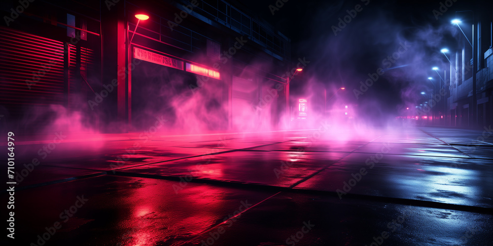 A rainy night with a pink light on the street.