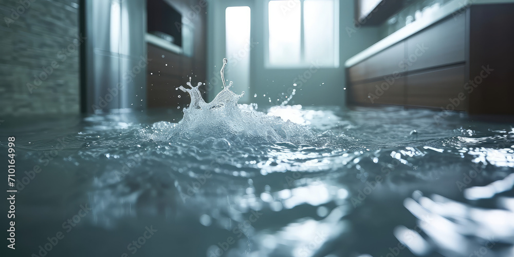 Indoor Flood with Water Splash in kitchen. Water spilling onto a