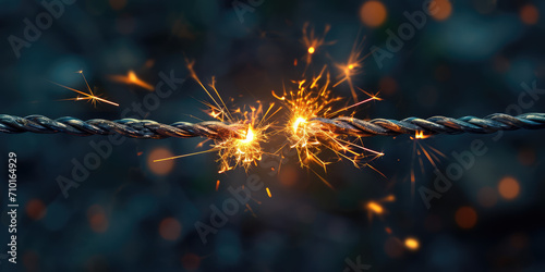 Electric Spark Between Two Bare Wires. A captivating close-up of electric spark igniting between twisted bare copper wires on a simple background with copy space. photo