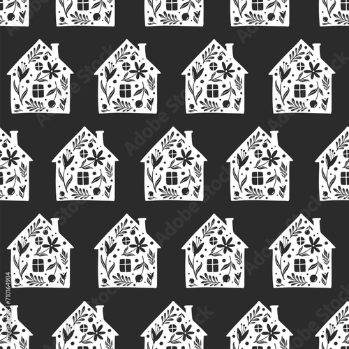 Hand drawn funny doodle cartoon stylized houses flowers Decorative silhouette house seamless pattern