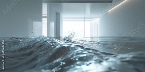 Indoor Flood with Water Splash in living room. Water spilling onto a flooded home floor from the ceiling  creating a dynamic splash  symbolizing property damage.
