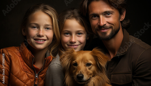 Smiling family with cute dog, happiness and togetherness generated by AI