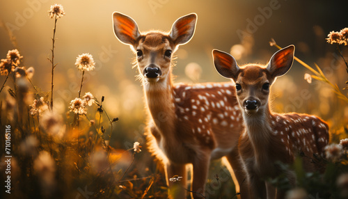 Cute deer in meadow, looking at camera generated by AI