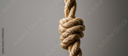Knotted Jute Rope Close-up. Detailed close-up of a knotted jute rope on a neutral grey background, showcasing texture and strength, simple, copy space. photo